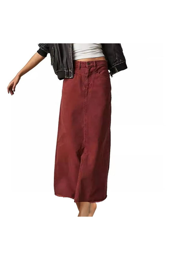 Women Trendy Denim Maxi Skirt High Waist A-Line Frayed Hem Loose Long Jean Skirt Streetwear
