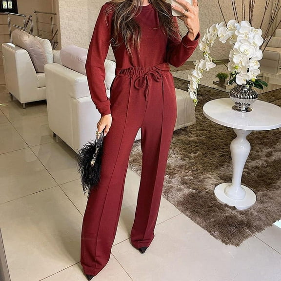 Teissuly Women's 2 Piece Outfit Set Long Sleeve Crop Knit Top And Wide Leg Long Pants Sweatsuit