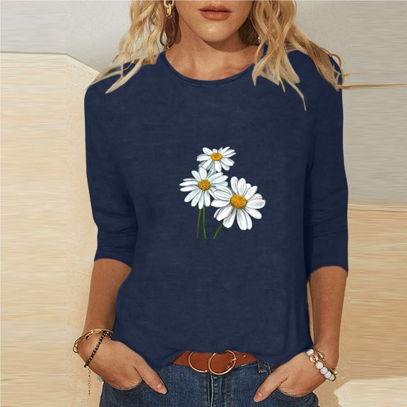 Teissuly Women's 2024 Spring And Summer Regular Printed Loose Casual Round Neck Long Sleeve Top T-Shirt