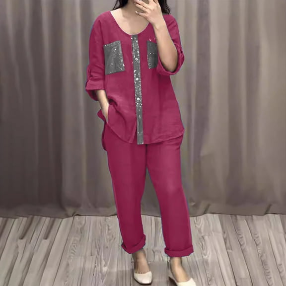 Teissuly Women's Casual And Fashionable Solid Color Double Pocket Button Up Five Quarter Sleeve Top And Pants Set