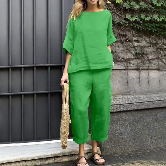 Teissuly Women's Casual And Fashionable Solid Color Round Neck Five Quarter Sleeve Top Wide Leg Long Pants Set