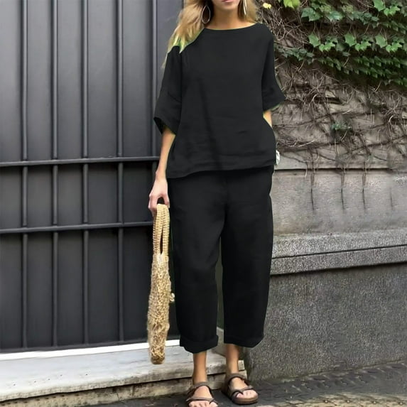 Teissuly Women's Casual And Fashionable Solid Color Round Neck Five Quarter Sleeve Top Wide Leg Long Pants Set