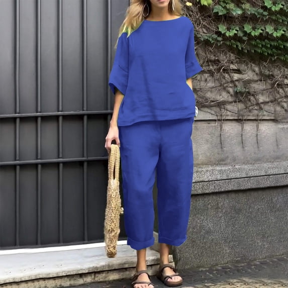 Teissuly Women's Casual And Fashionable Solid Color Round Neck Five Quarter Sleeve Top Wide Leg Long Pants Set