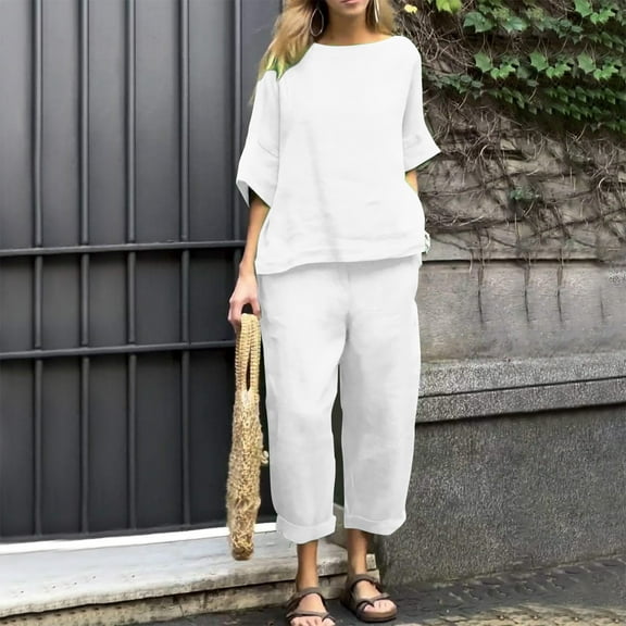 Teissuly Women's Casual And Fashionable Solid Color Round Neck Five Quarter Sleeve Top Wide Leg Long Pants Set