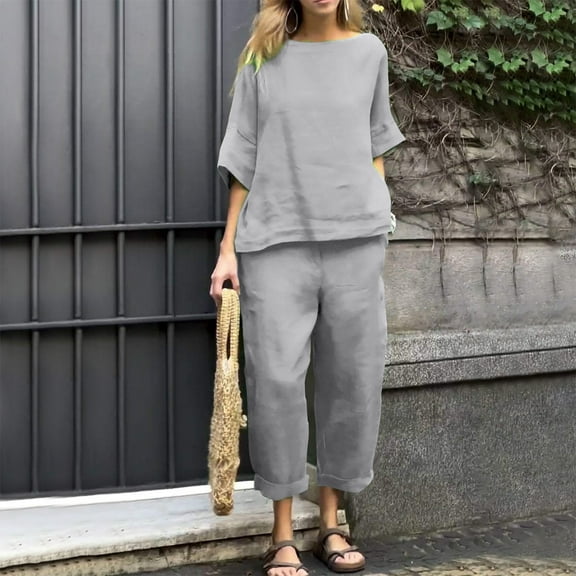 Teissuly Women's Casual And Fashionable Solid Color Round Neck Five Quarter Sleeve Top Wide Leg Long Pants Set