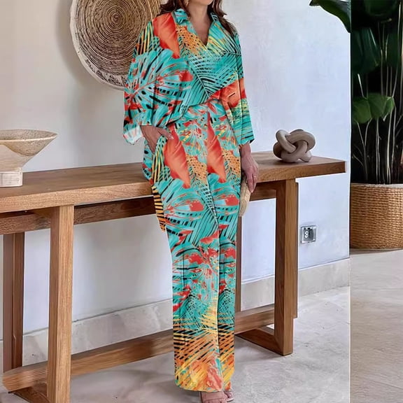 Teissuly Women's Casual Printed Long Sleeved Wide Leg Set Two-piece Long Sleeved Set