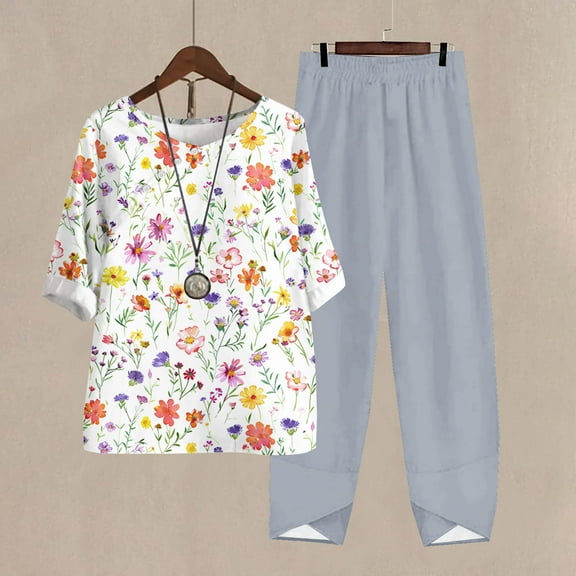 Teissuly Women's Casual Round Neck 5/4 Sleeve Top And Pants Digital Printing Two-piece Set