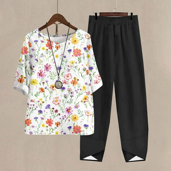 Teissuly Women's Casual Round Neck 5/4 Sleeve Top And Pants Digital Printing Two-piece Set