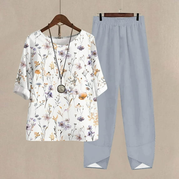 Teissuly Women's Casual Round Neck 5/4 Sleeve Top And Pants Digital Printing Two-piece Set