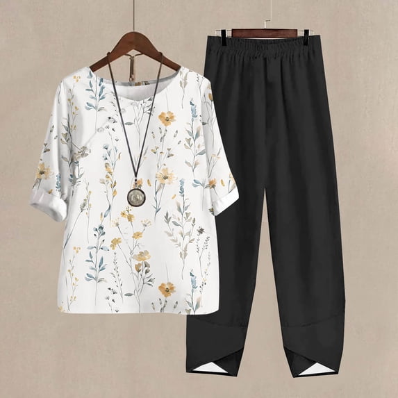 Teissuly Women's Casual Round Neck 5/4 Sleeve Top And Pants Digital Printing Two-piece Set