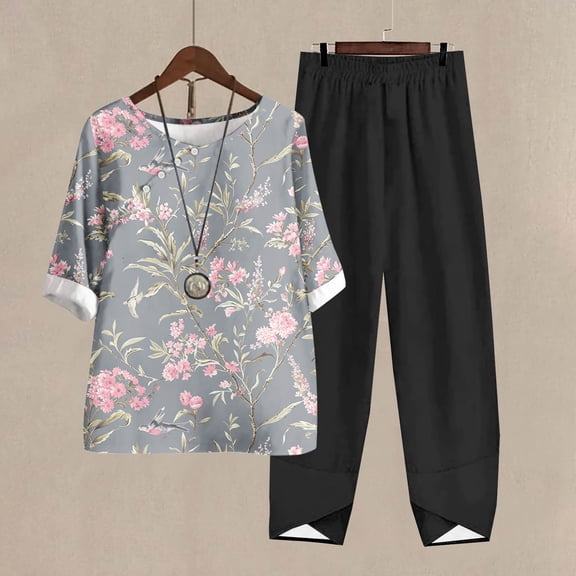 Teissuly Women's Casual Round Neck 5/4 Sleeve Top And Pants Digital Printing Two-piece Set