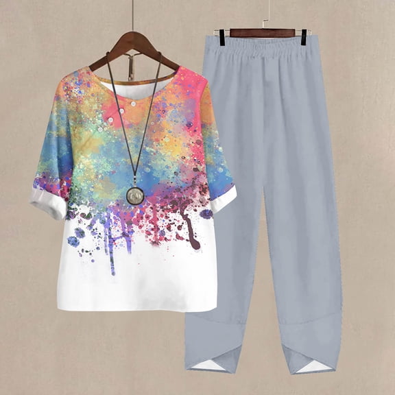 Teissuly Women's Casual Round Neck 5/4 Sleeve Top And Pants Digital Printing Two-piece Set