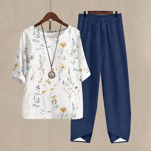 Teissuly Women's Casual Round Neck 5/4 Sleeve Top And Pants Digital Printing Two-piece Set