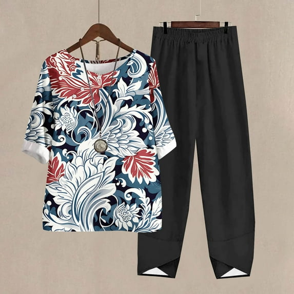 Teissuly Women's Casual Round Neck Short Sleeve Top And Pants Digital Printing Two-piece Set