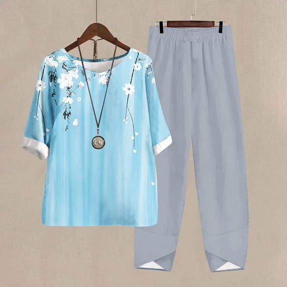 Teissuly Women's Casual Round Neck Short Sleeve Top And Pants Digital Printing Two-piece Set