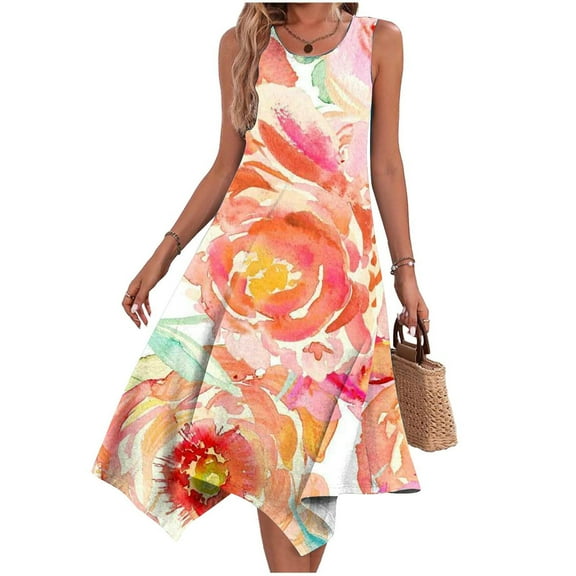 Teissuly Women's Casual Summer Dress Sleeveless Sundress Hankerchief Hem Maxi Tank Dresses Beach Dress With Pockets