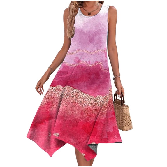 Teissuly Women's Casual Summer Dress Sleeveless Sundress Hankerchief Hem Maxi Tank Dresses Beach Dress With Pockets