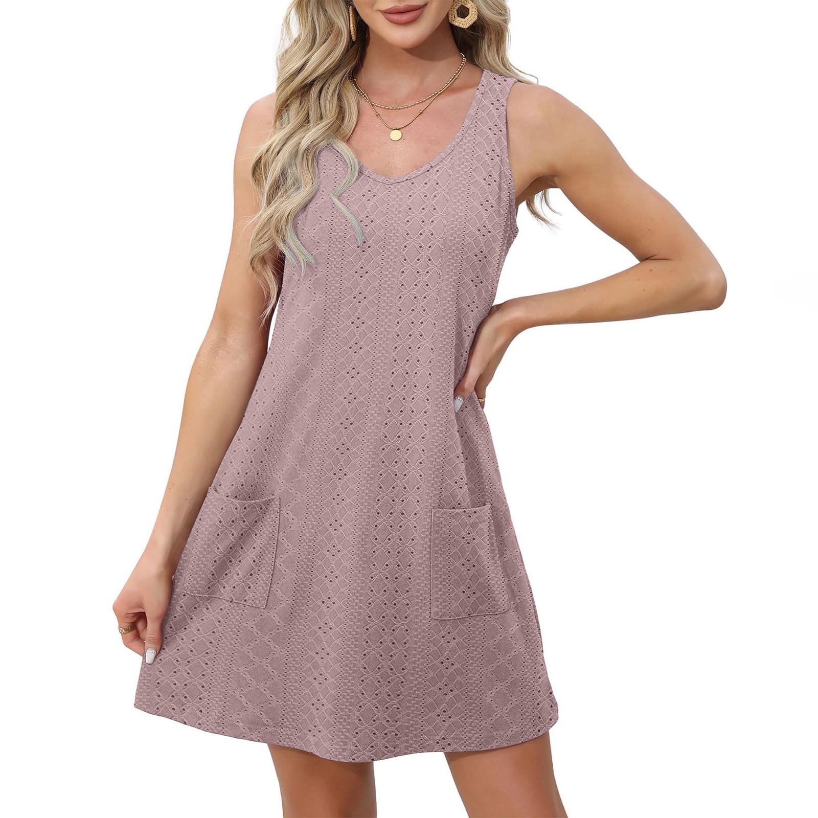 Solid Color Sleeveless V-neck Casual Pocket Mini Dress