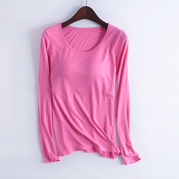 Teissuly Women's Color Household Clothes With Chest Pads T-shirt Long Sleeved Pajama Comfortable Base For External Wear Round Neck