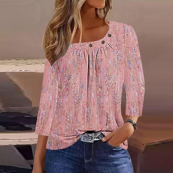 Teissuly Women's Fashion 3/4 Sleeved Blouse Printed T-shirt Casual Top