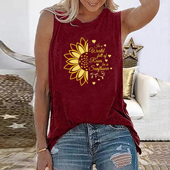 Teissuly Women's Fashion Casual Loose Sunflower Series Printed Sleeveless Tank Top