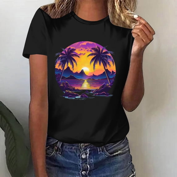 Teissuly Women's Fashion Crewneck Printed Short Sleeve T-shirt Casual Loose Shirt Tops
