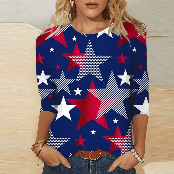Teissuly Women's Fashion Independence Day Printed T-shirt 3/4 Sleeves Blouse Round Neck Casual Tops