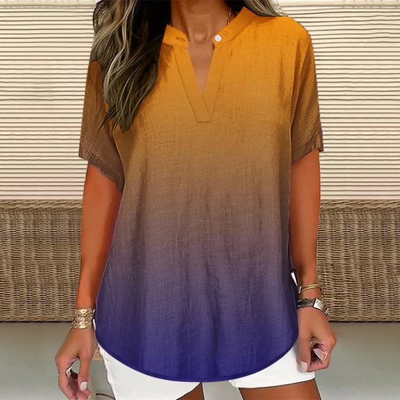 Teissuly Women's Fashion Printed Loose T-shirt Buttons Short Sleeve Blouse V-Neck Casual Tops
