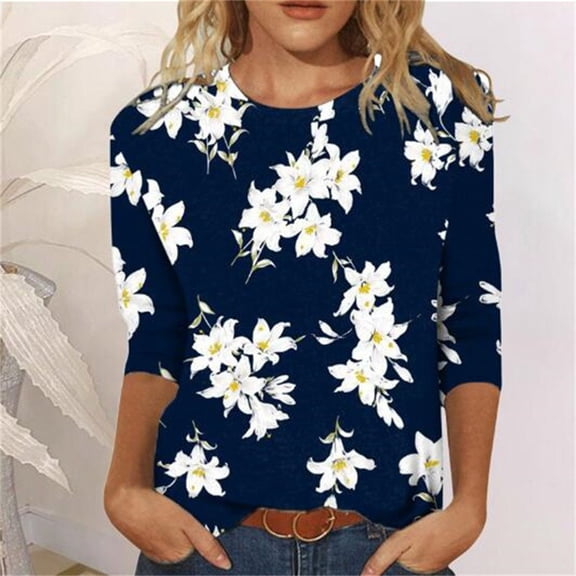 Teissuly Women's Fashion Printed T-shirt 3/4 Sleeves Blouse Round Neck Casual Tops