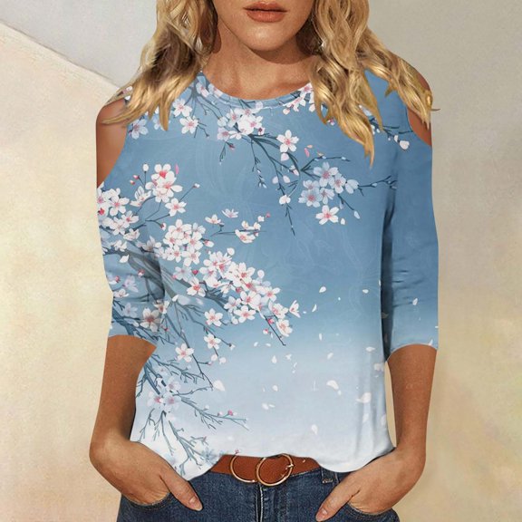 Teissuly Women's Fashion Printed T-shirt 3/4 Sleeves Blouse Round Neck Casual Tops