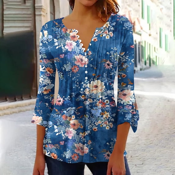 Teissuly Women's Fashion Printed T-shirt 3/4 Sleeves Blouse V-Neck Casual Tops