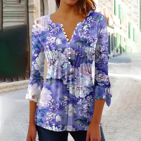 Teissuly Women's Fashion Printed T-shirt 3/4 Sleeves Blouse V-Neck Casual Tops