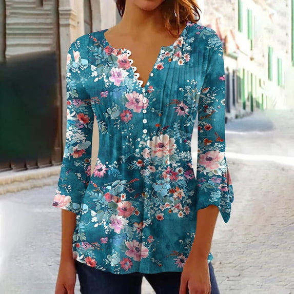 Teissuly Women's Fashion Printed T-shirt 3/4 Sleeves Blouse V-Neck Casual Tops