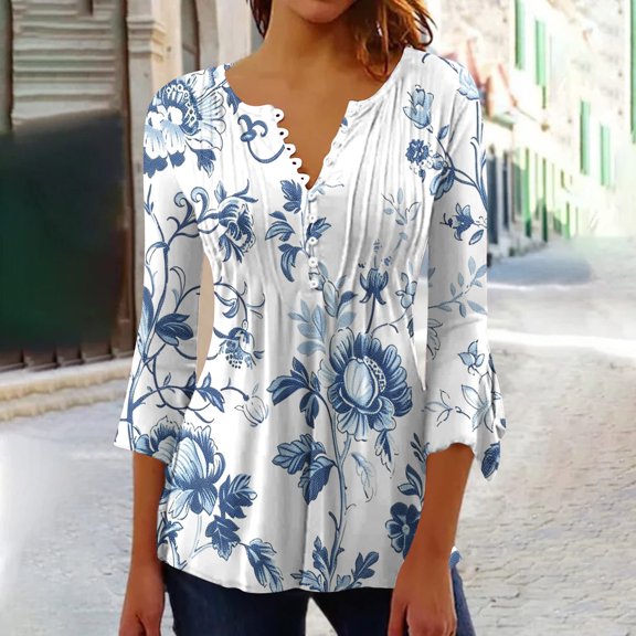 Teissuly Women's Fashion Printed T-shirt 3/4 Sleeves Blouse V-Neck Casual Tops