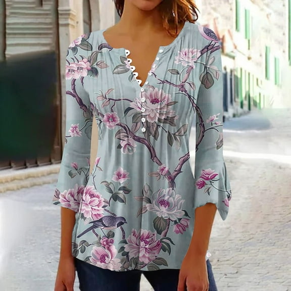 Teissuly Women's Fashion Printed T-shirt 3/4 Sleeves Blouse V-Neck Casual Tops