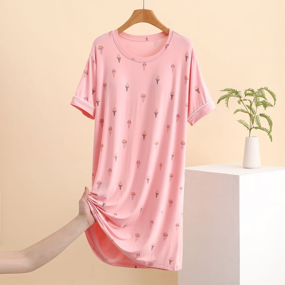 Teissuly Women's Fashion Short-sleeved Thin Home Pajama Dress Thin Long Nightdress