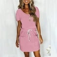thumbnail image 1 of Teissuly Women's Fashion Solid Color Short Sleeve V-Neck Mid-Calf Dress, 1 of 5