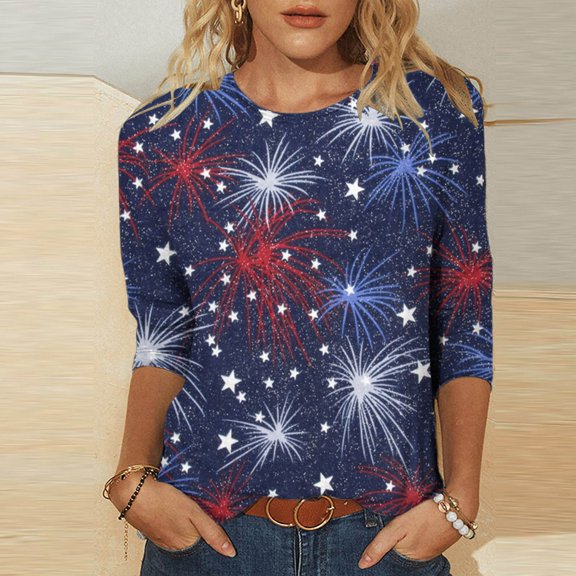 Teissuly Women's Fashion Three Quarter Sleeve Retro Round Neck Independence Printed Loose Tops Blouse Three Quarter Sleeve