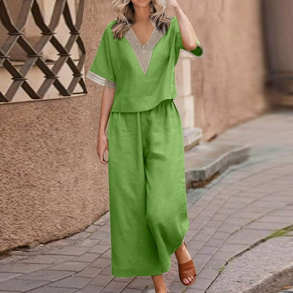 Teissuly Women's Fashion Two Piece Solid Color Cotton And Linen Loose Casual Suit