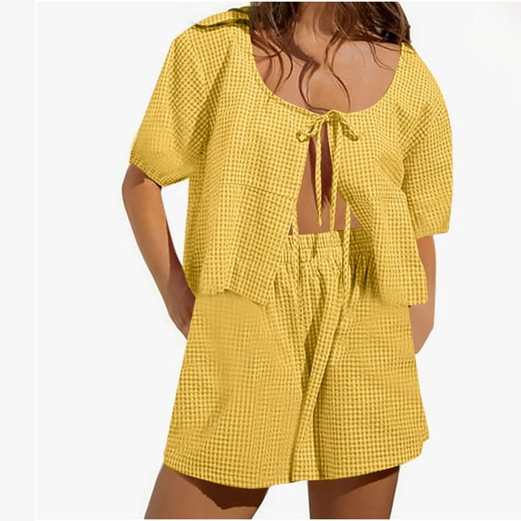 Teissuly Women's Fashion Two Piece Solid Color Cotton And Linen Loose Casual Suit