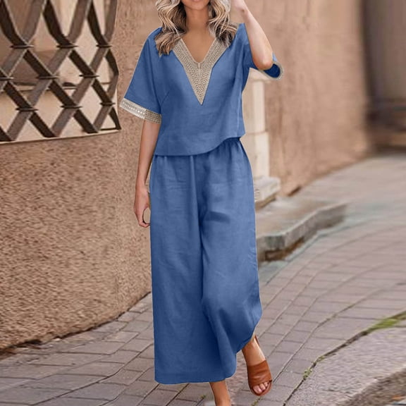 Teissuly Women's Fashion Two Piece Solid Color Cotton And Linen Loose Casual Suit