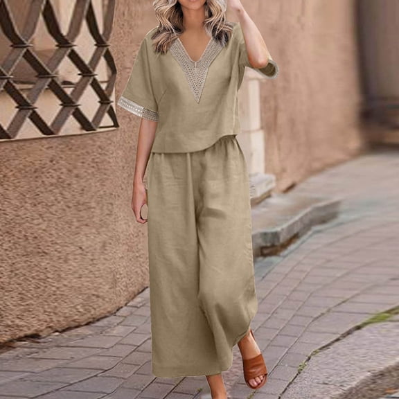 Teissuly Women's Fashion Two Piece Solid Color Cotton And Linen Loose Casual Suit