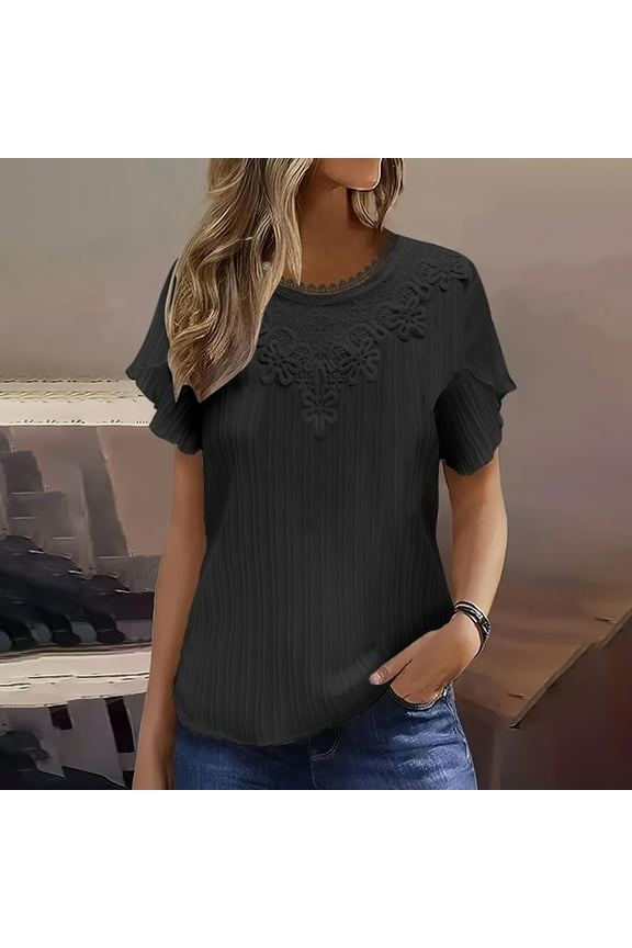 Women's Fashionable Casual Short Sleeved Loose Wave Striped Pleated Round Neck Sold Top Blouse