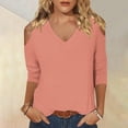 thumbnail image 1 of Teissuly Women's Fashionable Solid Color T-shirt 3/4 Sleeve Shirt V-neck Casual Top, 1 of 6