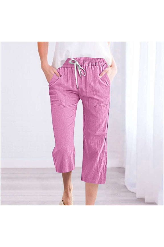 Women's Fragrant Hemp Solid Color Loose Women Fashion Drawstring Pants Seven Pants Pockets