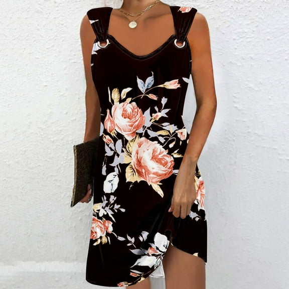 Teissuly Women's Geometric Printed Elegant Camisole Round Neck Dress