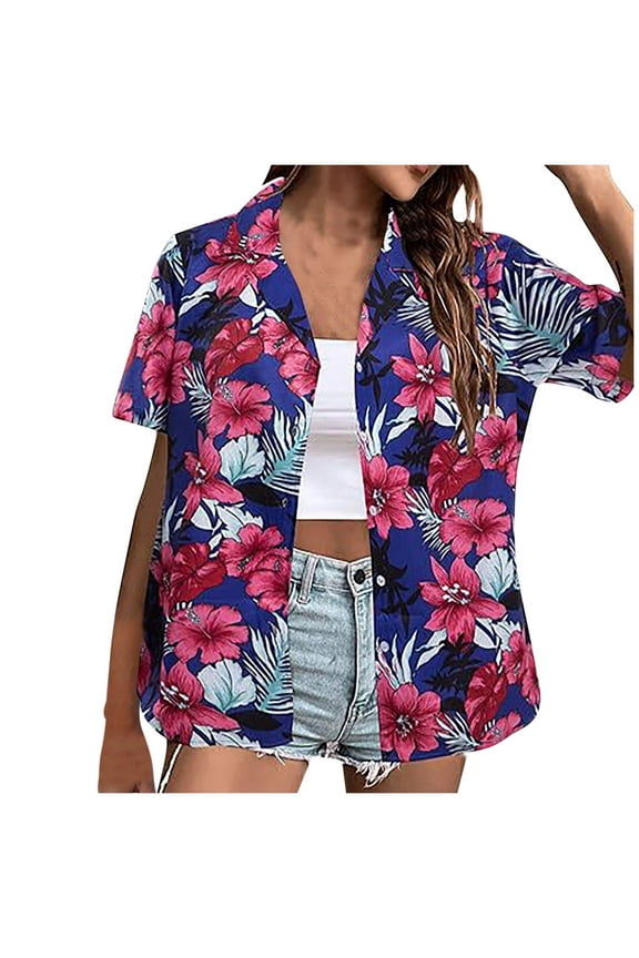 Women's Hawaiian Button-up Shirt Casual Short Sleeve Floral Tropical Print Summer Shirt