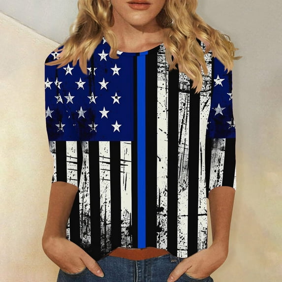 Teissuly Women's Independence Day Fashion Printed Round Neck 3/4 Sleeve T-shirt Top