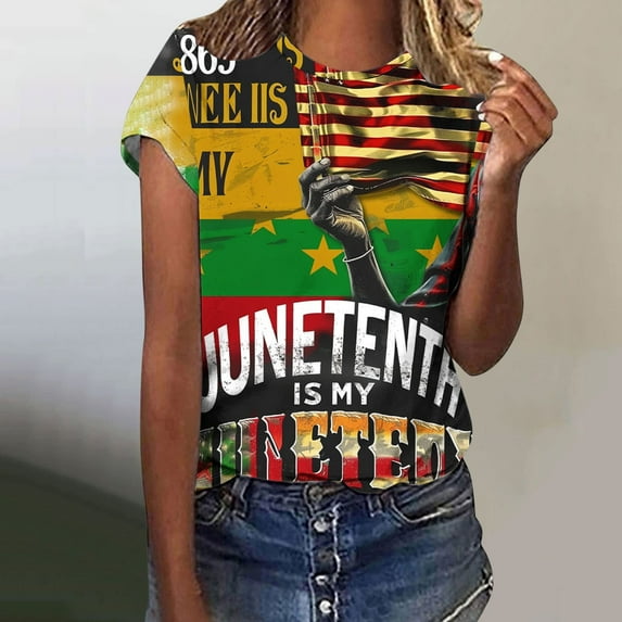 Teissuly Women's Independence Day Printed Round Neck Short Sleeved T-shirt Top