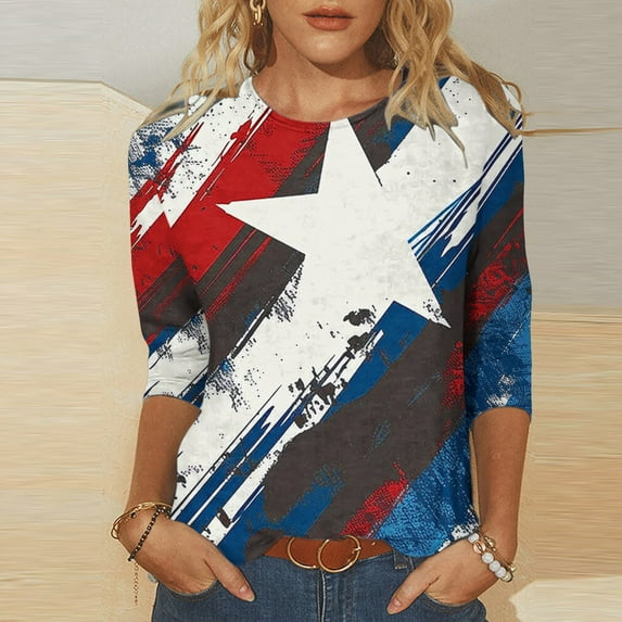 Teissuly Women's Independence Day Printed Round Neck Three-quarter Sleeve 3/4 Sleeve T-Shirt Top